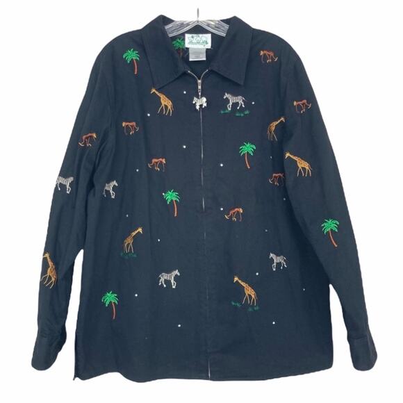 Quacker Factory Zebra Giraffe Monkey Embroidered Full Zip Sz L - Picture 5 of 5